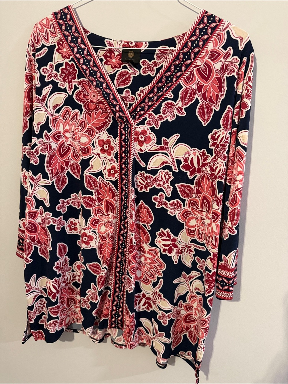 JM Collection Navy V-Neck Tunic with Pink & Cream Floral Print
